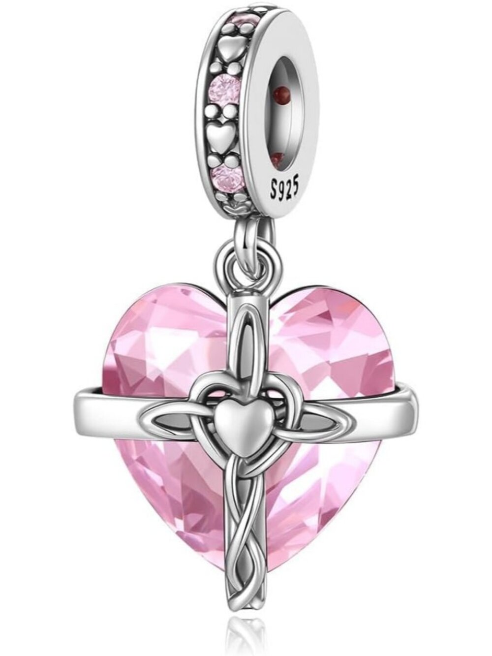 Women's Pink 925 Sterling Silver Cross Charms Dangle Beads Heart Birthstone